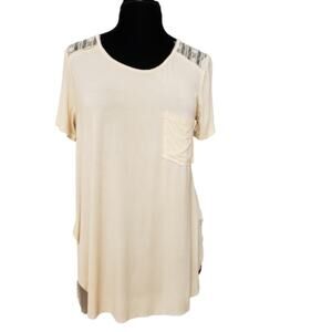 POL Cream Lace Shoulder Short Sleeve Pocket T Shirt Tunic Top Small